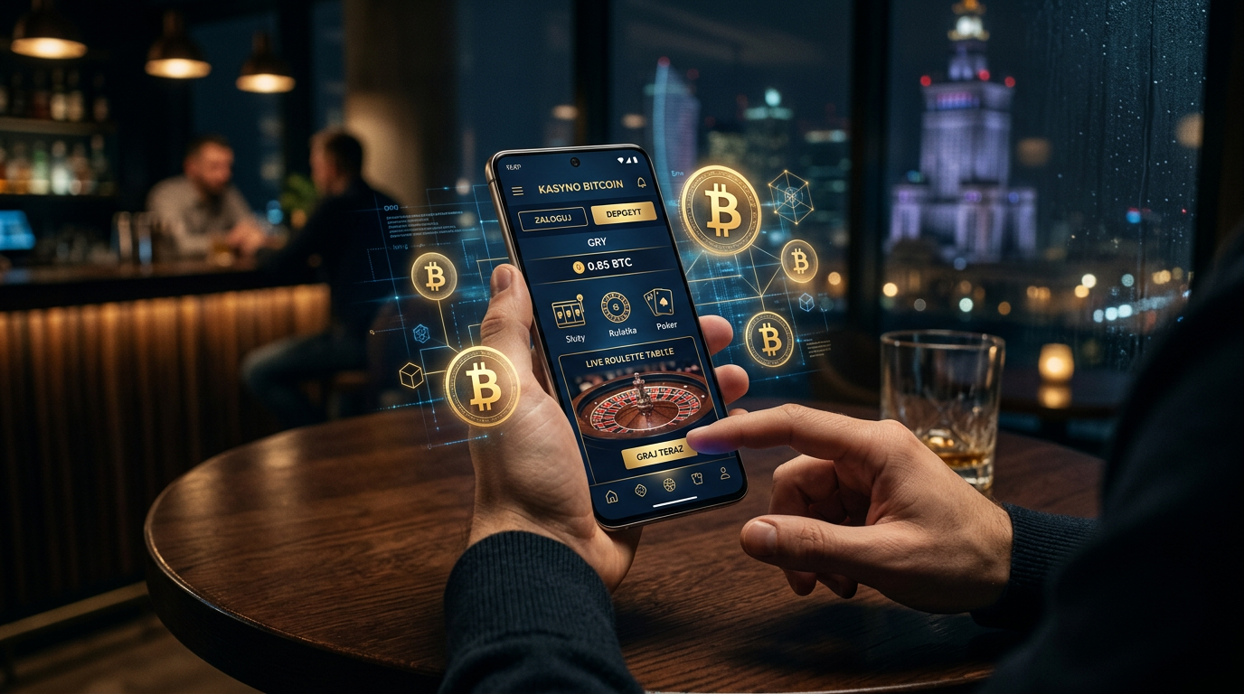 Nowoczesne kasyno bitcoin na ekranie smartfona z grafiką kryptowalutową