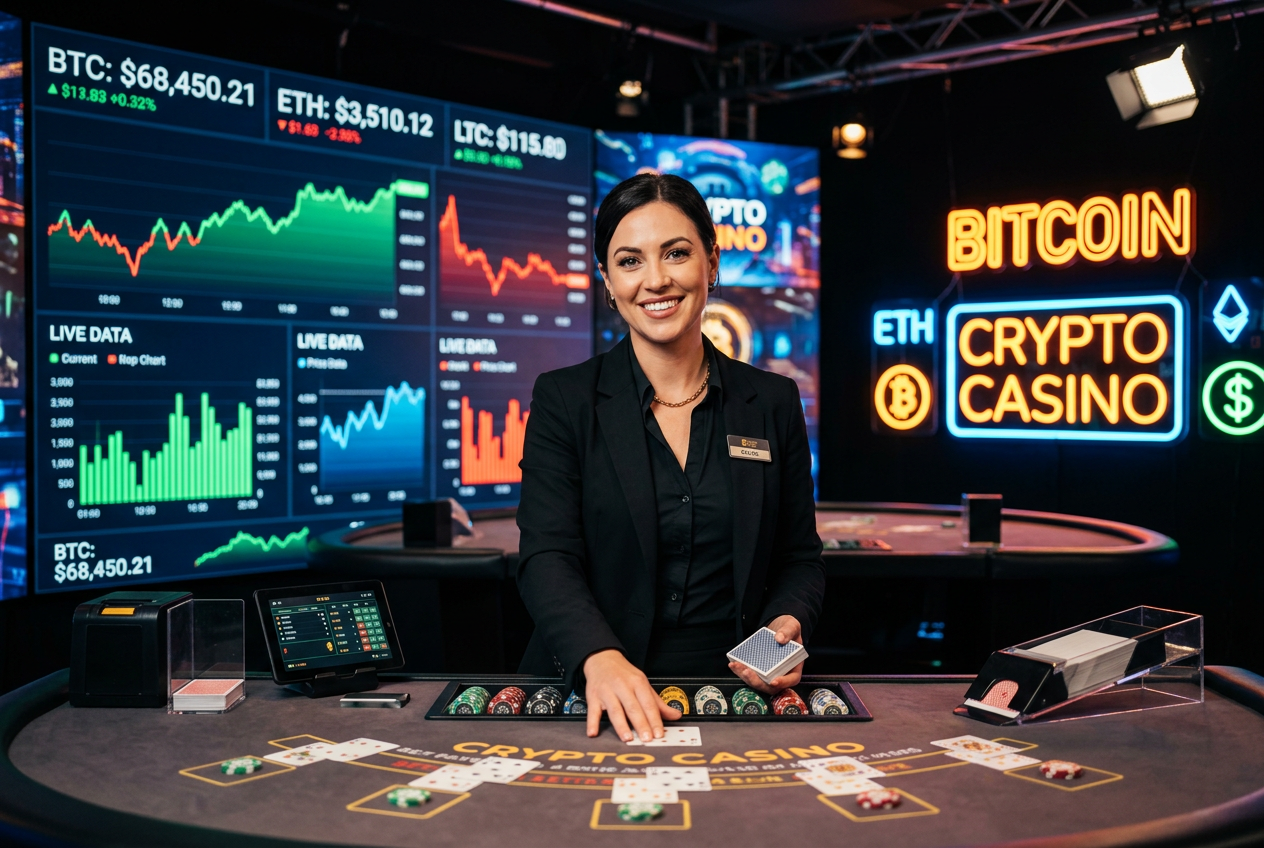 Studio kasyna na żywo z nowoczesnym oświetleniem i grafiką kryptowalutową w tle