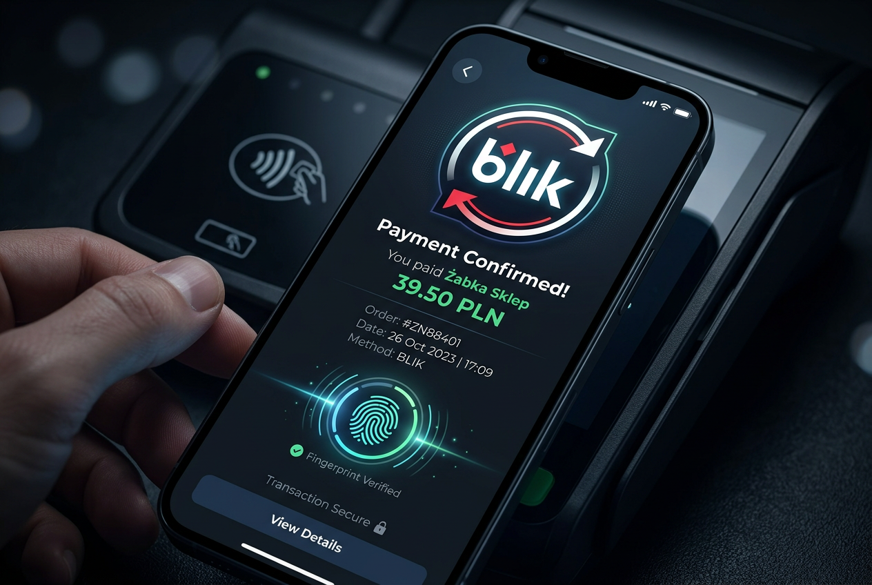 Smartfon z aktywnym potwierdzeniem płatności BLIK oraz wskaźnikiem biometrii