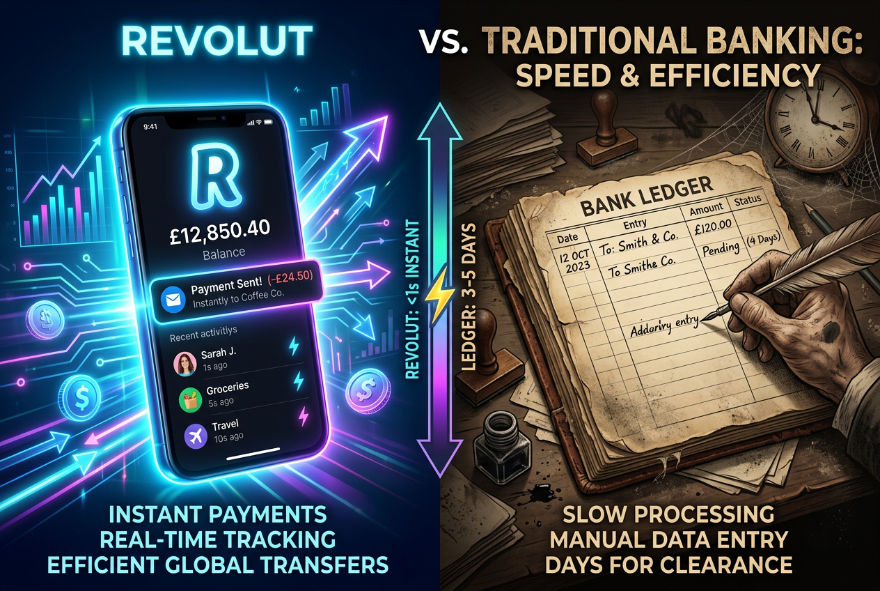 Infografika porównująca szybkość i kursy walut Revolut z tradycyjnymi bankami w Polsce